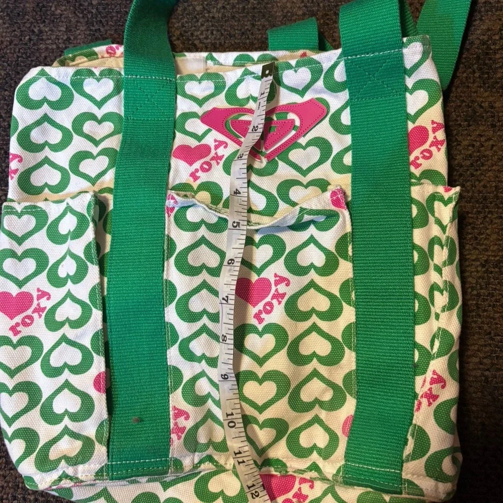 Vintage Y2K Roxy Canvas Tote Bag Green Pink Heart Print Shoulder Handbag Pocket